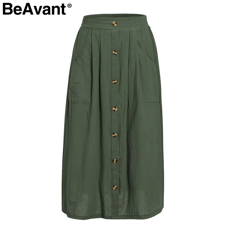 Army Green BeAvant, элегантная женская юбка с карманами из хлопка и льна, повседневная, на пуговицах, высокая талия, женская юбка,, летняя, Пляжная, праздничная, длинная, юбки - Цвет: Army Green