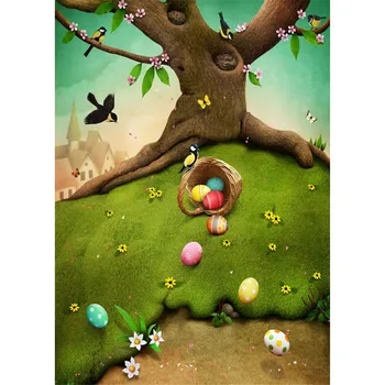 

Spring Scenic Photography Backdrop Vinyl Tree Trunk Birds Butterfly Colorful Easter Eggs Baby Kids Photo Shoot Backgrounds