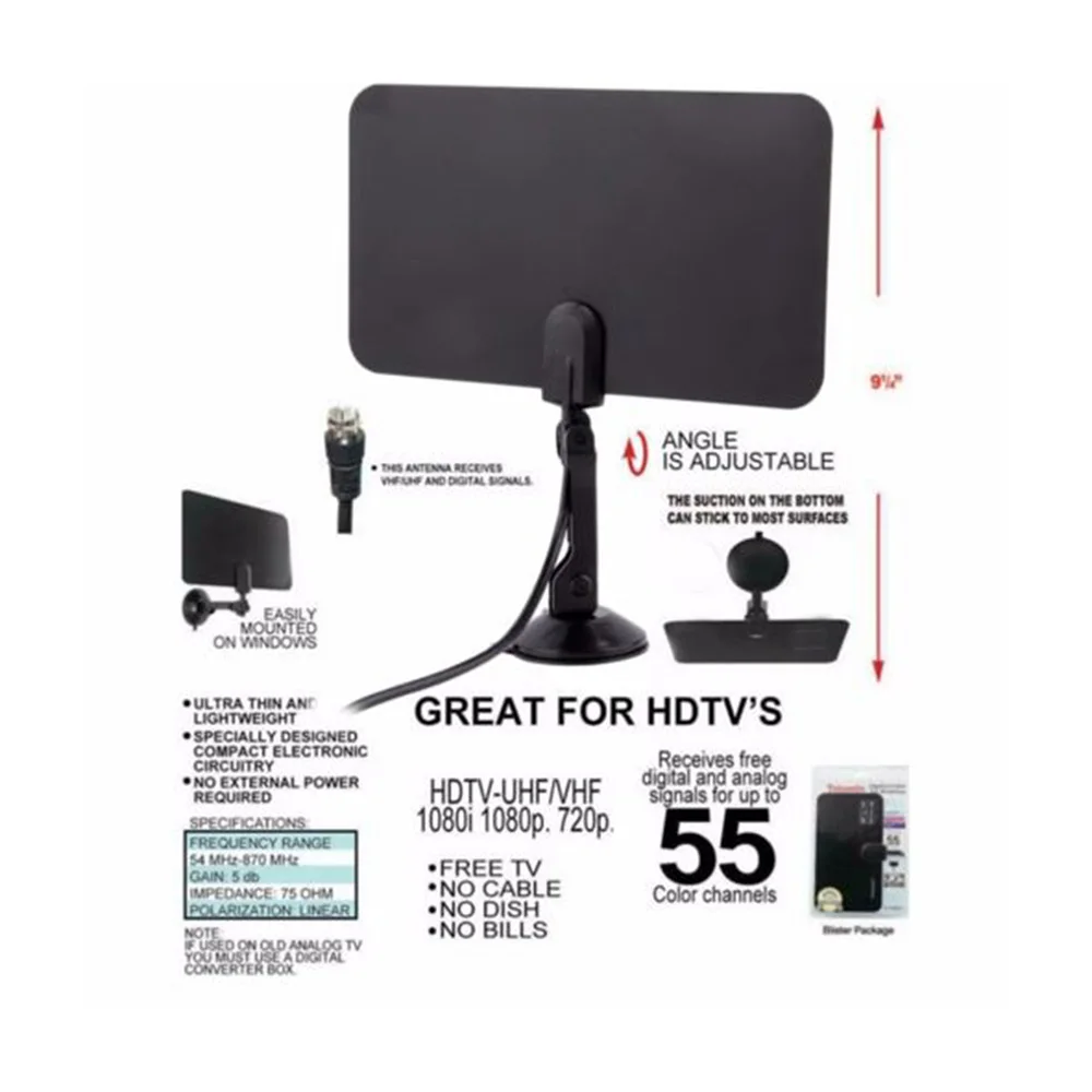 Razor Thin Flat Digital Indoor TV HDTV UHF VHF 1080P Antenna 55 Color Channels