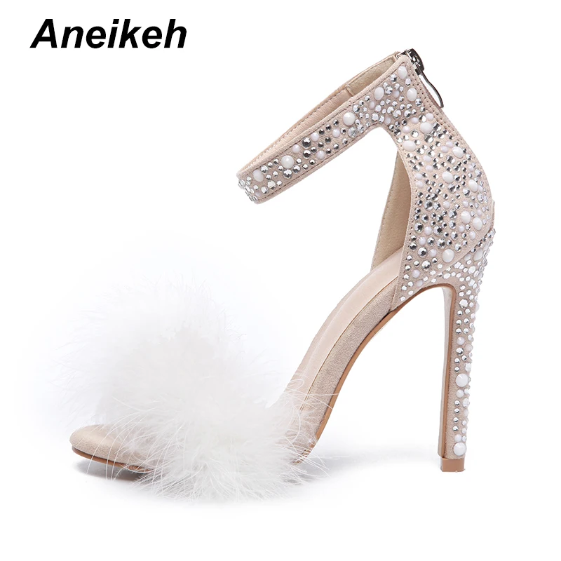 Aneikeh/ женские осенние сандалии-гладиаторы из флока с украшениями, милые повседневные туфли на высоком тонком каблуке с молнией, сандалии абрикосового цвета, размер 42