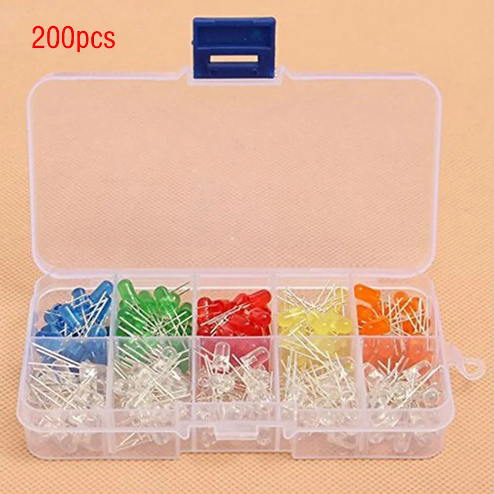 Mixed Color 200pcs 5mm LED Light Bulb Lamp Emitting Diode Assortment Kit Red Green Blue Yellow White Tool Parts | Инструменты