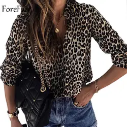 Forefair зима плюс Размеры Свободная блуза с леопардовым принтом Для женщин 2018 V шеи длинным рукавом Повседневное животных печати женская