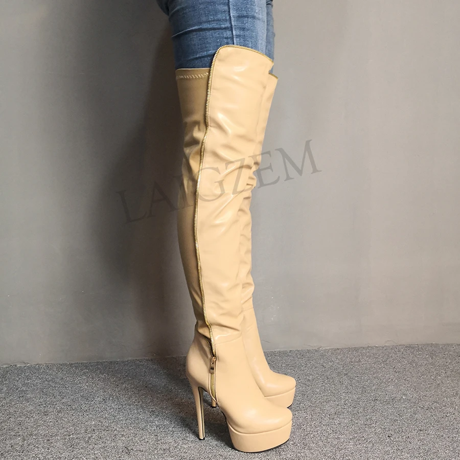 LAIGZEM Botines Mujer Women Thigh High Boots Elastic Wide Calf Platform High Heels Long Tall Party Club Shoes Large Size 34-52 (5)
