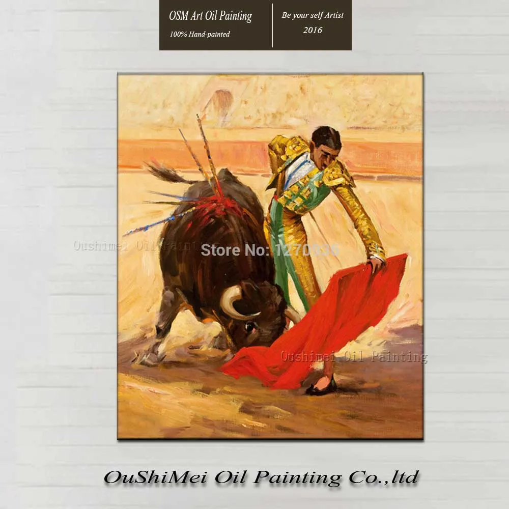 

Hot Sell Best Quality Oil Painting Hand Painted Matador is Waving a Red Cloth Bull Painting on Canvas for Club Wall Decoration