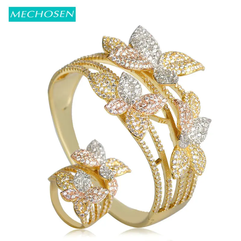 MECHOSEN 3 Tones Flower Bangle Ring Sets Full Micro Zircon Gold Silver Mixed Women Nigerian Wedding Naija Bride Jewelry Sets