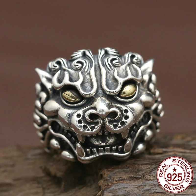 

100% S925 sterling silver men's ring personality fashion retro punk jewelry carved lion beast shape to send a gift of love hot