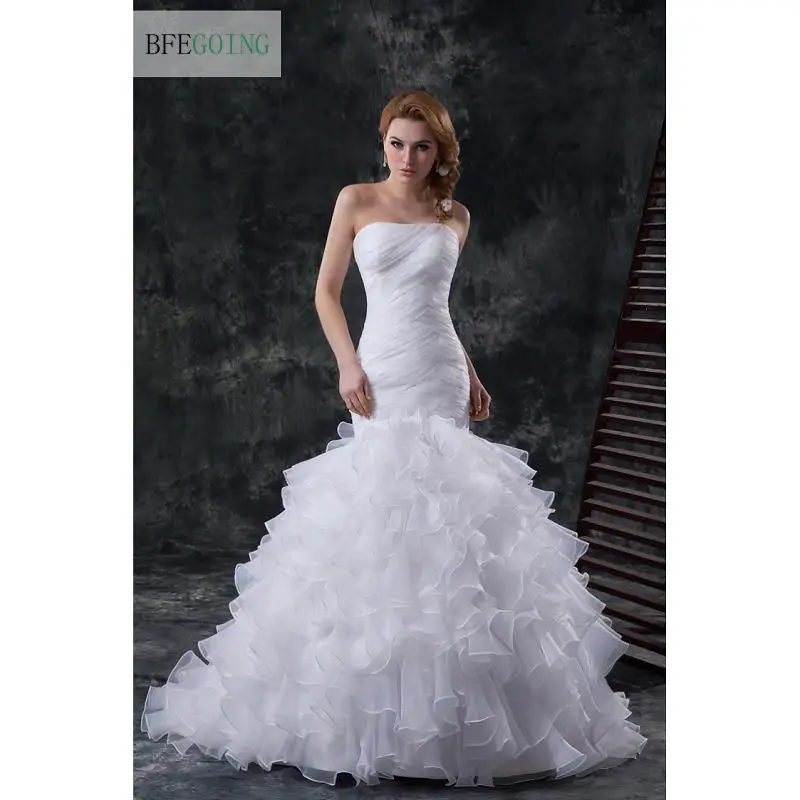 

White Organza Floor-length Mermaid/Trumpet Wedding dress Sweep/Brush Train Strapless Ruffles Corset closure Lace-up