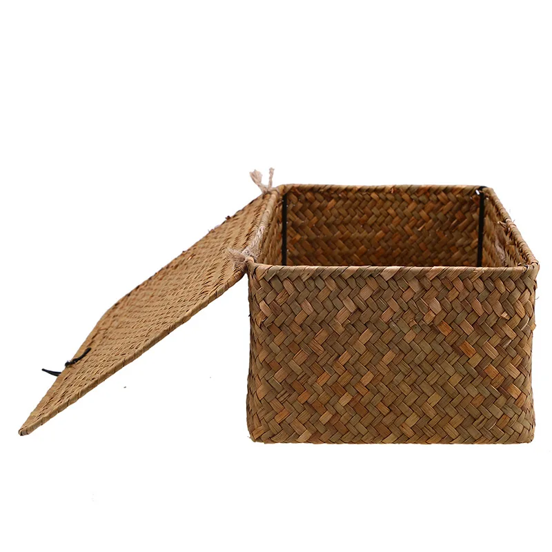 Handmade Seagrass Woven Storage Box Seaweed Storage Finishing Basket with Lid Sundry Bath Cosmetic Towel Container mx01161829