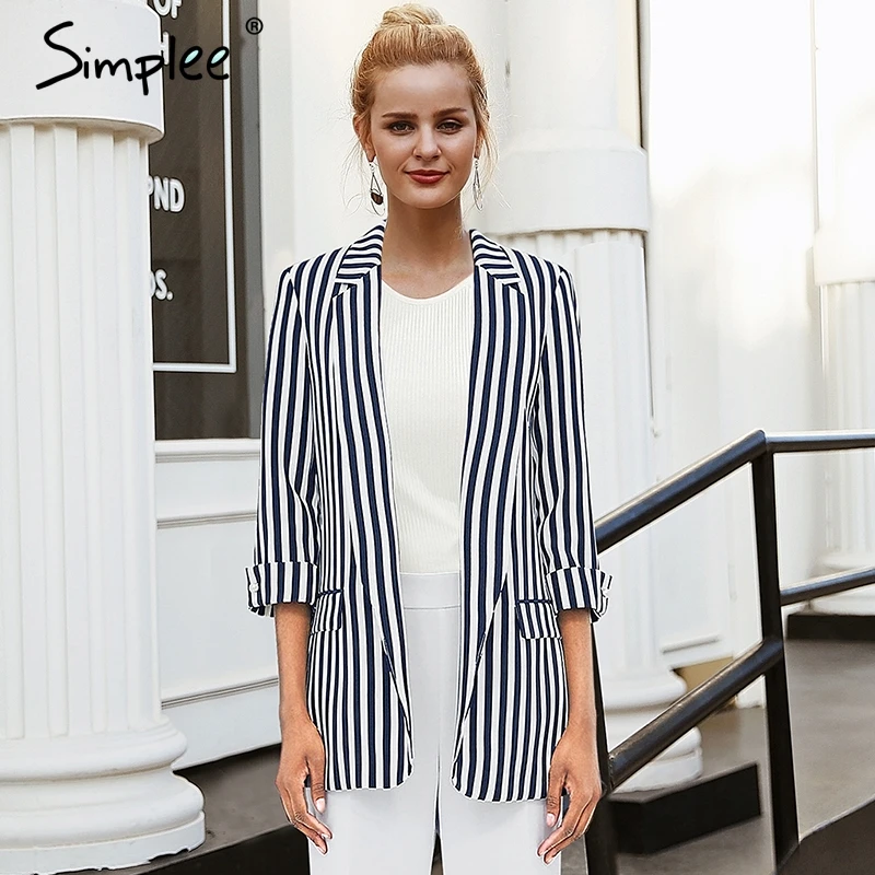 

Simplee Slim blazers suit cardigans Women formal jackets office work open front ladies blazer Striped pearl autumn outwear women