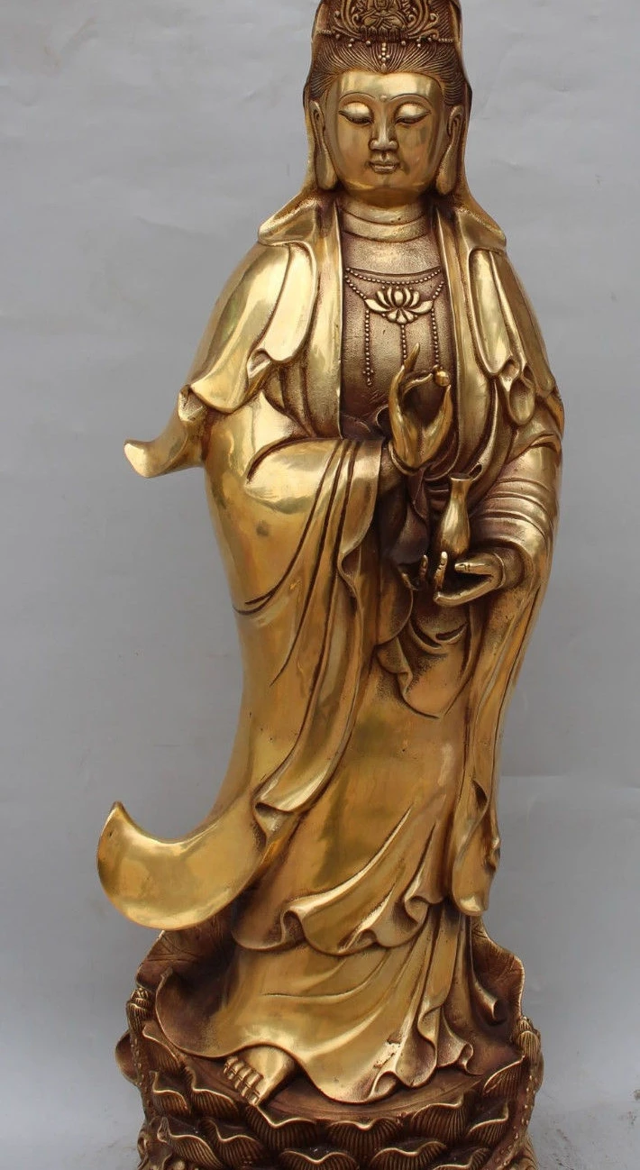 

24" Chinese Bronze Stand Lotus Kwan-yin Bodhisattva Goddess Hold Vase Statue