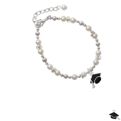 Silvertone 3-D Graduation Hat Imitation Pearl Beaded Bracelet