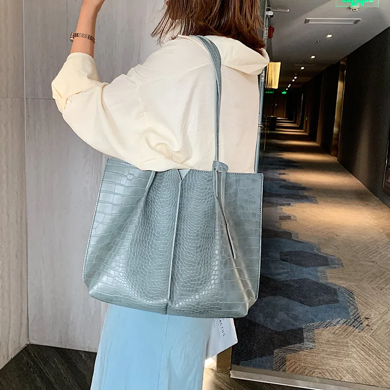 2 Piece Large Women Shoulder Bag Set Ruched Crocodile Alligator Composite Bag Big Capacity Female Handbag Shopping Traveling Bag