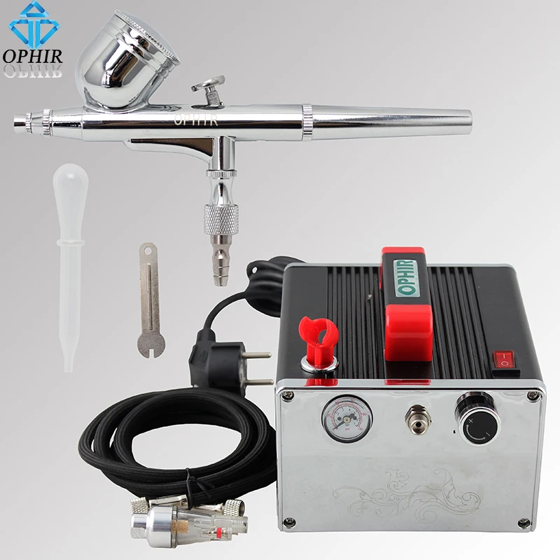 OPHIR 0.3mm Dual Action Airbrush Kit with Air Compressor for Nail Art Body Paint Makeup Cake Decorating Airbrush _AC091+AC004A