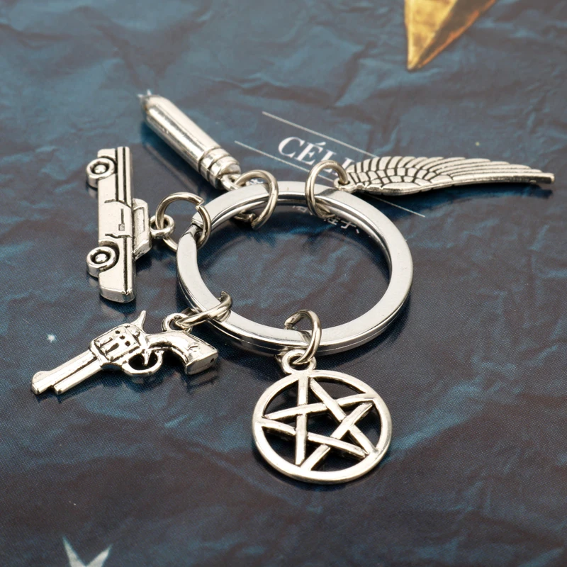 dongsheng Supernatural Key Chains Dean Winchester Jensen Pentagram Car Gun Charms Pendants Keychain Key Rings llaveros