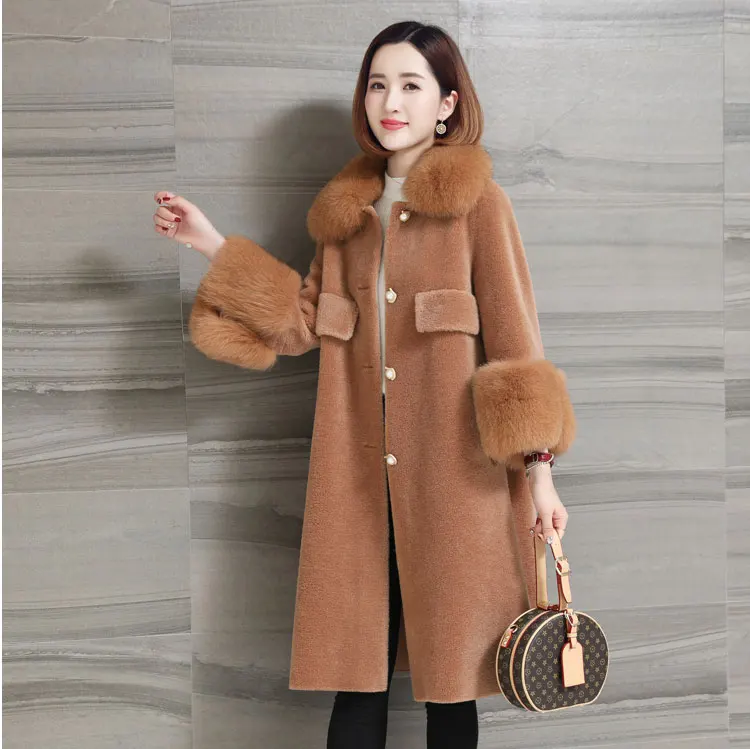 women natural sheep fur coat with real fox fur collar (5)