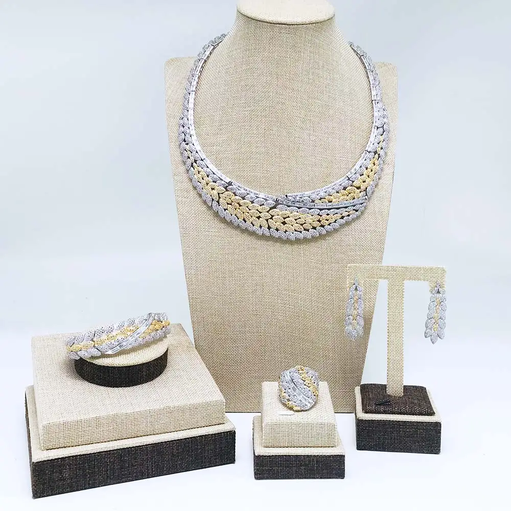 Viennois, серебряное и золотое ожерелье, набор для женщин, кубический цирконий, висячие серьги, кольцо, браслет, набор, вечерние, свадебные ювелирные изделия - Окраска металла: Silver Gold Color