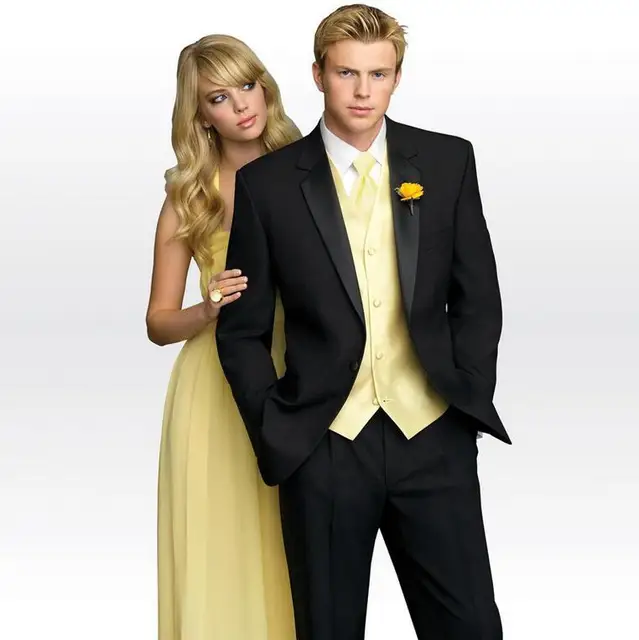 new arrival black grooms tuxedos yellow vest groomsman men wedding