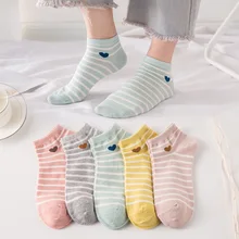 5 пар/лот Для женщин хлопковые носки розового цвета с милым кроликом носки до лодыжки короткие носки Повседневное животных в полоску с принтом в виде сердца, носки для девочек, Размеры: 35-40 NS9044
