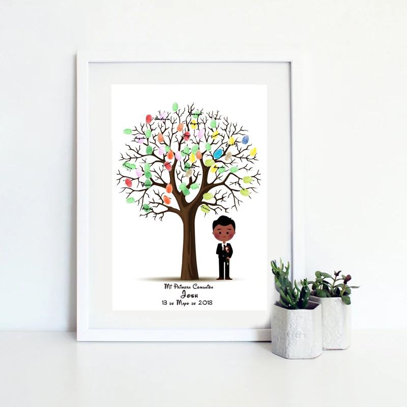 

Personalize Name Date Boy First Holy Communion Souvenir Fingerprint Tree Guestbook For Baptism Decoration Happy Birthday Gift
