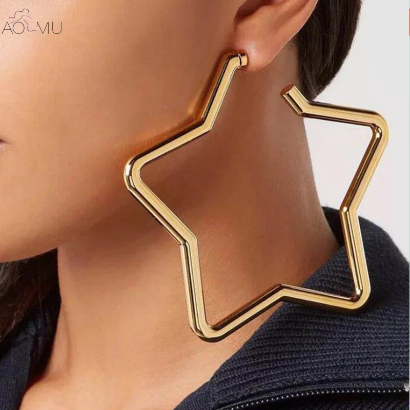 

AOMU Personality Super Big Geometric Square Hollow Out Star Love Heart Large Hoop Earrings For Women Gold Color Jewelry
