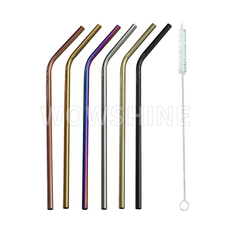 

Promotion! WOWSHINE stainless steel bent drinking straws 1 straw+1 brush 6mmx215mm 18k gold/rosegold/gun black/silver