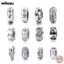 WOSTU bouchon entretoise perles 100% 925 argent Sterling chat plume ronde breloque ajustement Original Bracelet Bracelet bijoux à bricoler soi-même accessoires