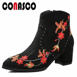 CONASCO/модные женские ботильоны, осенне-зимняя теплая обувь на высоком каблуке с вышивкой, женские классические ботинки martin с острым носком