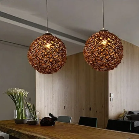 

Retro Loft Style Round Hand Woven Wood Droplight LED Pendant Light Fixtures For Dining Room Hanging Lamp Indoor Lighting