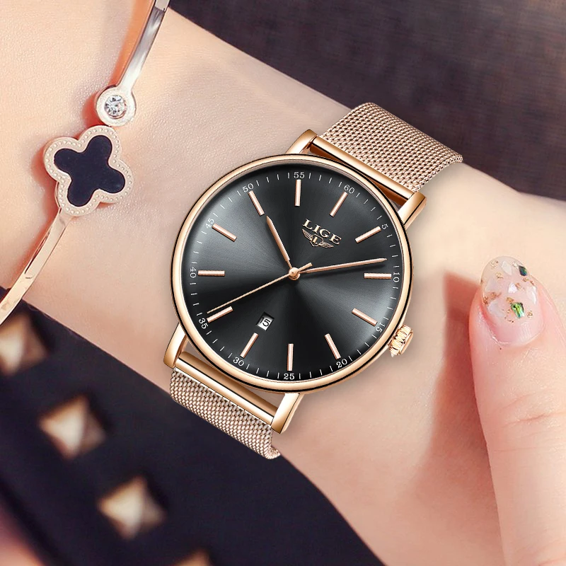 LIGE Ultra thin Ladies Watch Brand Luxury Women Watches Waterproof Rose Gold Stainless Steel Quartz Wrist Watch Montre Femme+B LIGE Ultra thin Ladies Watch Brand Luxury Women Watches Waterproof Rose Gold Stainless Steel Quartz Wrist Watch Montre Femme+B