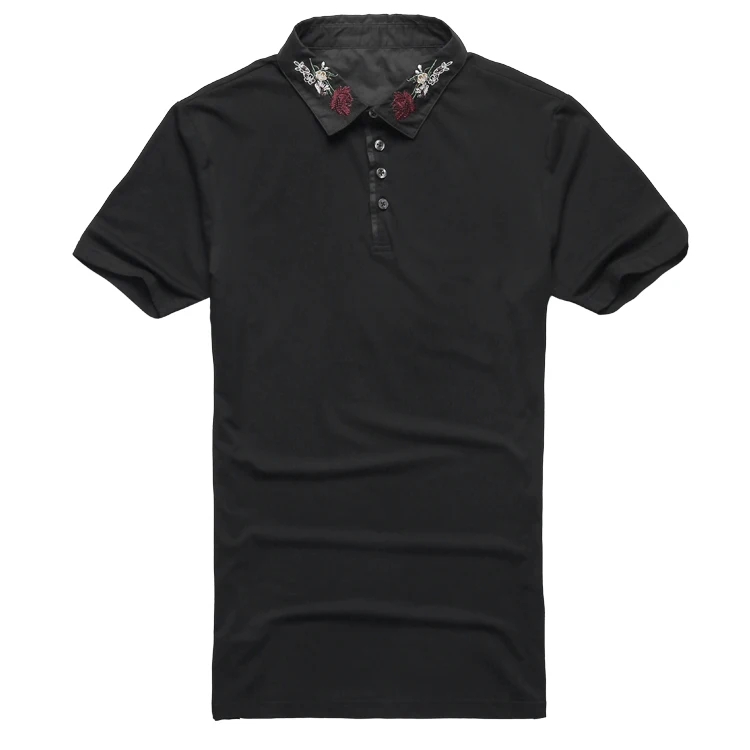 

New Men Summer Slim European Style Black Cotton Casual Polo Shirt Men Short Sleeve Brand Embroidery Flower Collar Polos PL-63