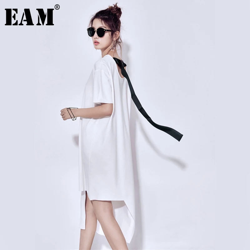 

[EAM] 2019 New Spring Summer Round Neck Short Sleeve Back Ribbon Split Joint Irregular Loose Big Size Dress Women Fashion JU556
