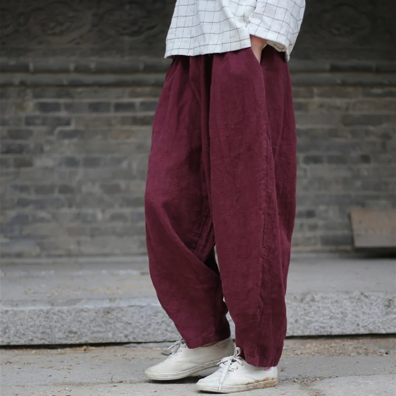 

ORIGOODS Solid Cotton Linen Harem Pants Women Elastic waist Vintage Autumn Pants Gray Red Linen 2018 Women Harem Trousers D050