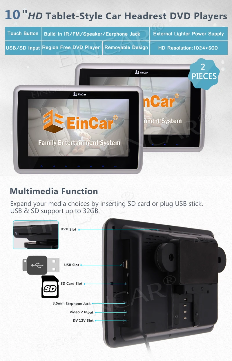 Cheap Pair of 10.1" Headrests DVD Player HD 1024*600 Resolution Screen Car Monitor CD DVD 1080P Video Player USB/SD AV input/output 3