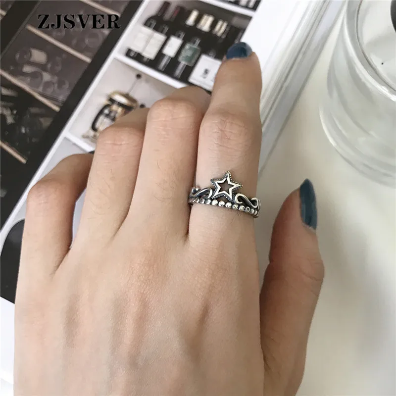 

ZJSVER Korean Jewelry 925 Sterling Silver Rings Fashion Retro Bohemia Style Star Shape Adjustable Women Ring Attend Banquet