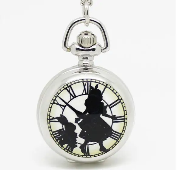 

fashion silver enamel mirror black in wonderland roman clock girl alice pocket watch necklace hour clock wholesale antibrittle