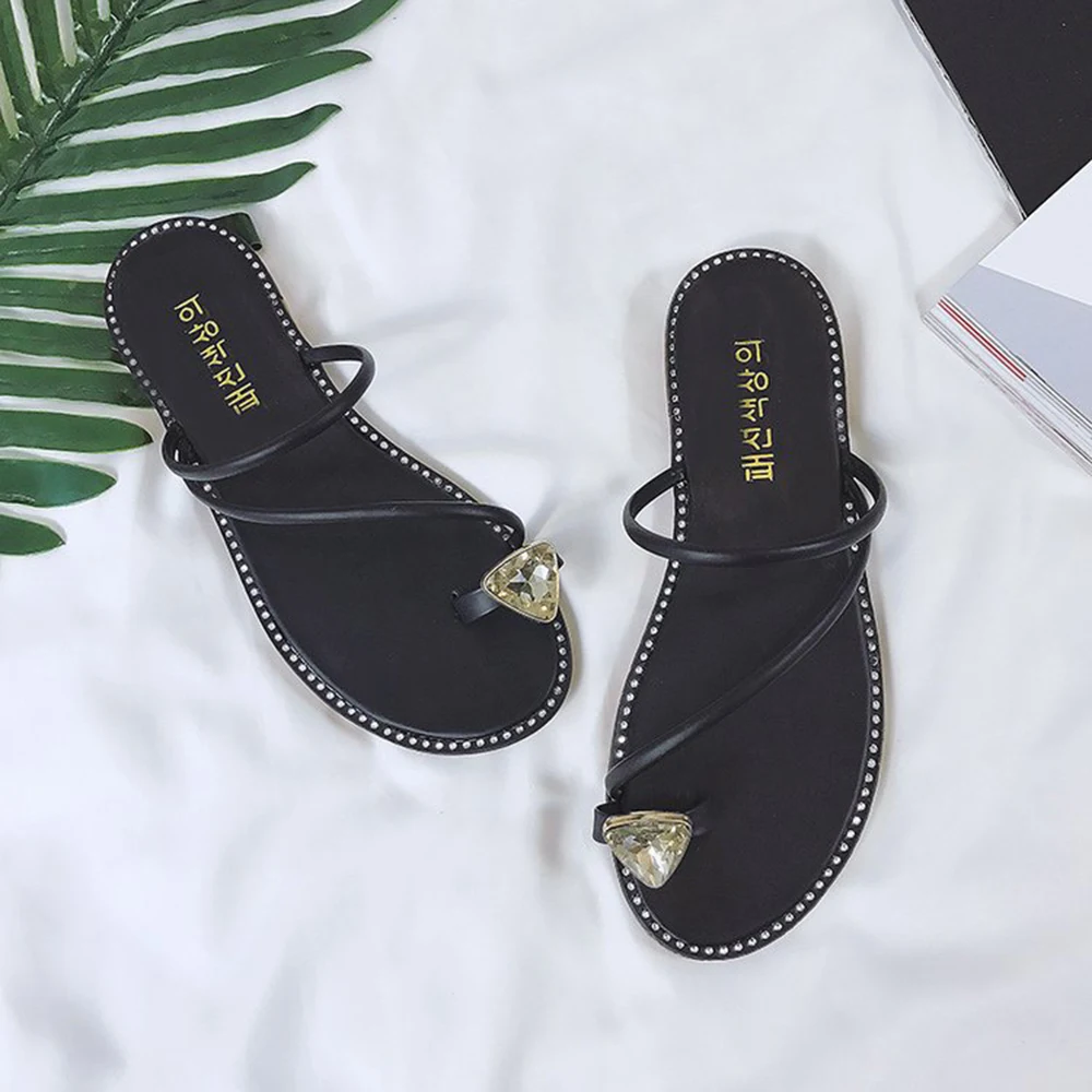 

2019 Women Flat Rhinestone Toe Ring Slippers Summer Beach Slip On Sandal Dress Shoes Lightweight Breathable Casual Walking Shoes