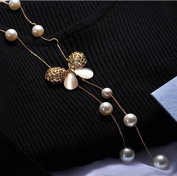SINZRY классический дизайн кристалл бабочка имитация жемчуга Длинные ожерелья модный свитер элегантный ювелирный аксессуар