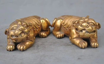 

China Feng shui brass plutus beast lucky foo dog Brave troops Pixiu statue pair