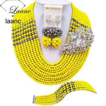 

Laanc Latest Opaque Yellow and Silver Crystal African Beads Nigerian Wedding Bridal Jewelry Sets for Women C22P032