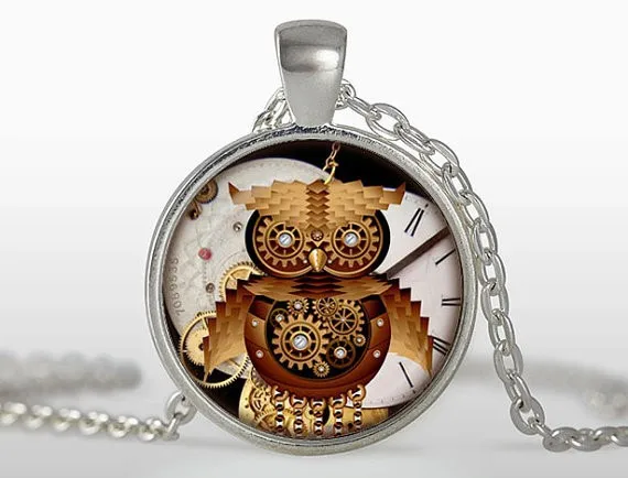 2017 New Steampunk Owl Gears Pendant Vintage Steam Punk Jewelry Old Clock Necklace steel Chain Glass Cabochon Necklaces | Украшения и