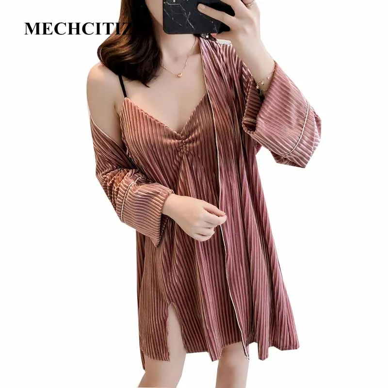 MECHCITIZ Autumn Winter Women's Velvet Robe Gown Set New Arrival Kimono Bathrobe Sexy Sleepwear Robes Lingerie | Женская одежда