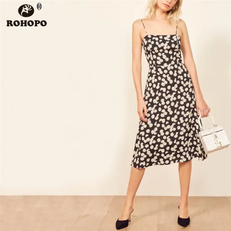 

ROHOPO Spaghetti Strap Daisy Printed Midi Dress Floral Woman Flare Hem Pleated High Waist Party Dress Preppy Girl #YY101H