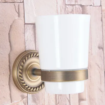 

Antique Brass Single Toothbrush Holder With Ceramic Cup Wall Mounted Bathroom Accessories aba264