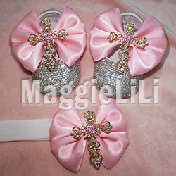 pink bowknot Custom Sparkle Bling crystals Rhinestones Baby girls shoes infant 0-1Y ribbon shoes First Walkers hairband 0032 - Цвет: 8