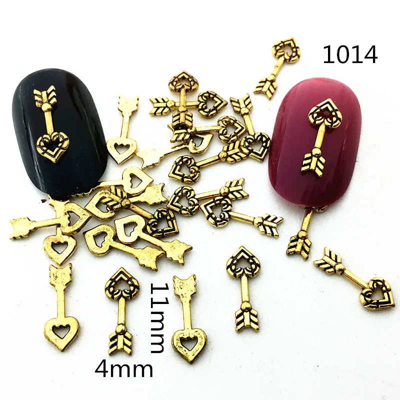 10Pcs/Lot Japan Vintage Style 4x11mm Retro Gold Heart Arrow Metal Alloy Nail Art Decorations 3D Stickers for Manicure | Красота и