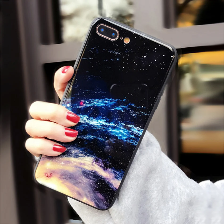 TOMKAS Temper Glass Case For iPhone X 8 7 6 6s Plus Cover Phone Cases For iPhone X 8 7 6 s Case Silicone TPU PC Star Sky Pattern (12)