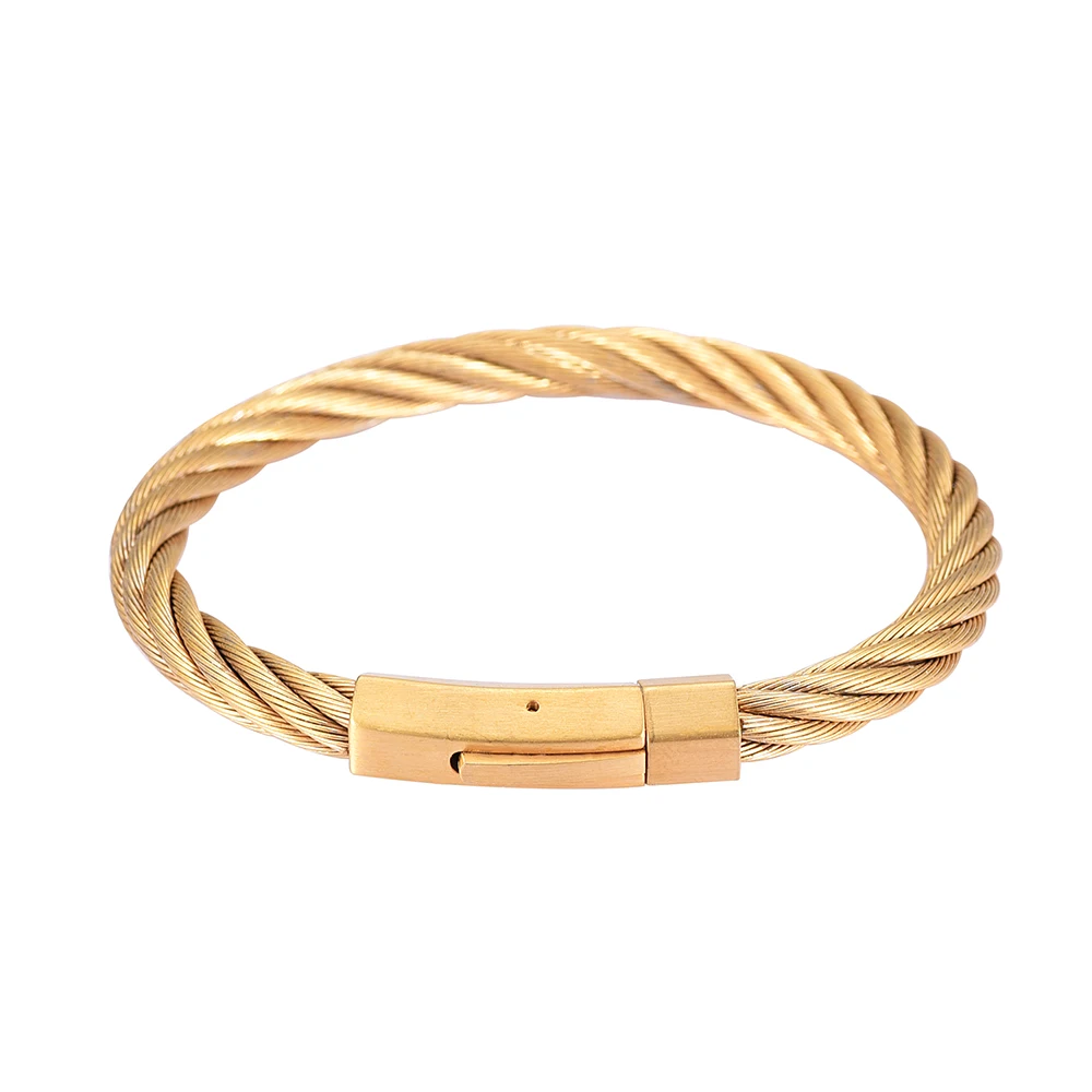 

IJB529 Gold Color Twisted Wire Bangle High Quality 316L Stainless Steel Engravable Bangle Cuff Bracelet With Clasp for Men