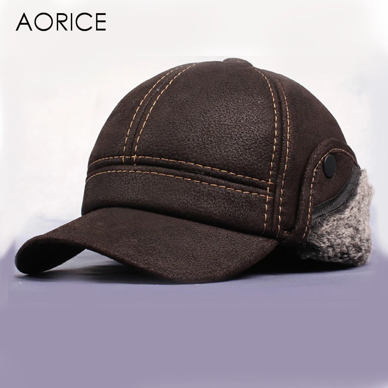 Online Aorice Neue männer Peeling Echtem Leder Baseball Kappe Russische Winter Warme Baseball Hut Mit Faux Pelz Innen HL083