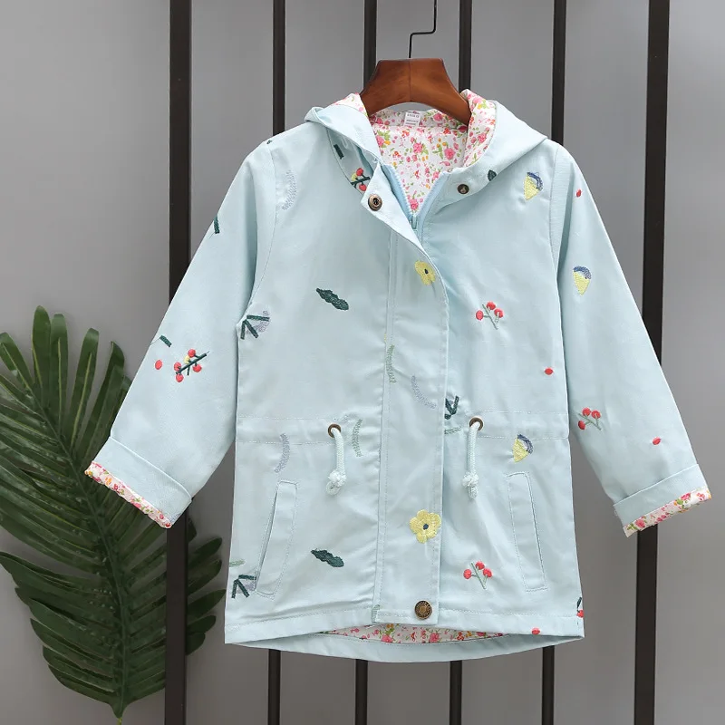 Новая весенне-осенняя ветровка для девочек, детская верхняя одежда с капюшоном и цветочной вышивкой, детские пальто, куртка - Цвет: blue