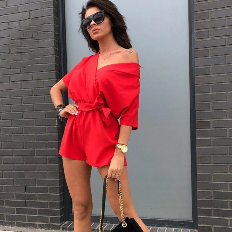 Deep V-neck Short Sleeve Loose Playsuits Women Casual Solid Sexy Playsuit Lace Up Spring Summer Ladies Elegant Playsuits 2019